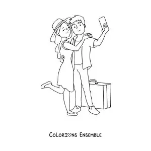 Image à colorier d'un couple de touristes en train de prendre un selfie