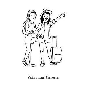 Image à colorier de deux filles touristes avec leurs bagages et une carte