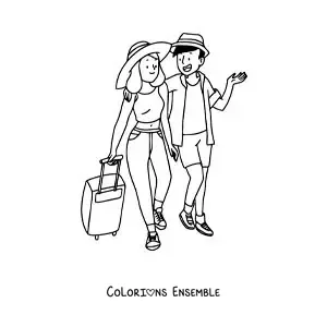 Image à colorier d'un couple de touristes qui marche avec ses bagages