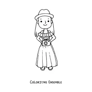 Image à colorier d'une touriste avec son appareil photo et un chapeau