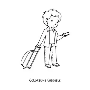 Image à colorier d'un garçon avec une valise qui regarde son téléphone