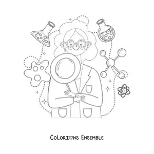 Image à colorier d'une femme scientifique entourée d'instruments de science