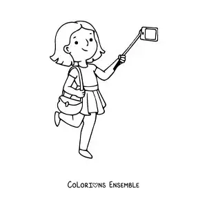Image à colorier d'une fille touriste en train de prendre un selfie