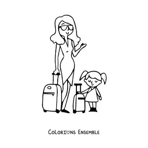 Image à colorier d'une maman voyageuse avec sa fille