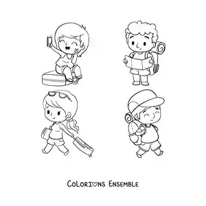 Image à colorier de touristes kawaii avec leurs bagages
