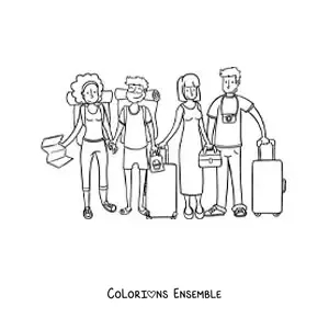 Image à colorier d'un groupe d'amis en vacances avec leurs valises