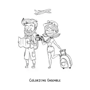 Image à colorier d'un couple de touristes dessiné