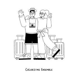 Image à colorier d'un couple de voyageurs avec leurs bagages et leur appareil photo
