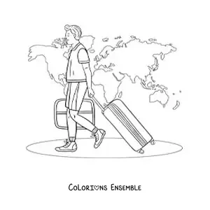 Image à colorier d'un homme qui voyage à travers le monde avec ses valises