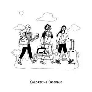Image à colorier d'un groupe de jeunes avec leurs valises qui voyagent pendant la pandémie