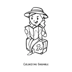 Image à colorier d'une touriste assise sur sa valise en train de lire une carte