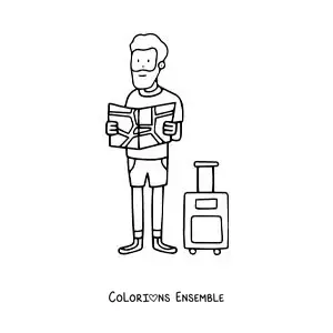 Image à colorier d'un touriste à côté de sa valise en train de lire une carte