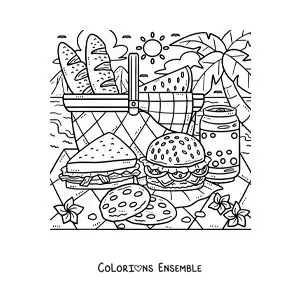 Image à colorier d'un panier de pique-nique sur la plage avec un sandwich et un hamburger