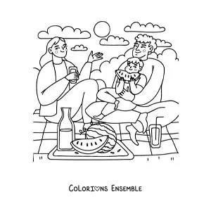 Image à colorier d'une famille avec un enfant qui fait un pique-nique au parc