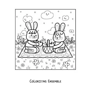 Image à colorier de deux lapins kawaii lors d'un pique-nique au parc