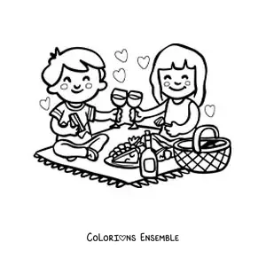 Image à colorier de deux amoureux kawaii lors d'un pique-nique