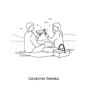Image à colorier d'un couple qui mange de la pastèque lors d'un pique-nique
