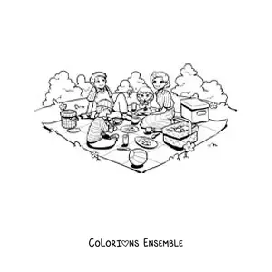 Image à colorier d'une famille avec des enfants qui mangent lors d'un pique-nique au parc