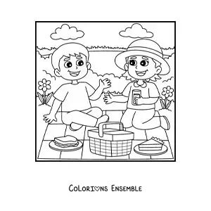 Image à colorier de deux enfants lors d'un pique-nique au parc