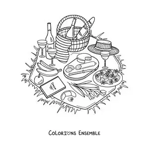 Image à colorier d'une nappe de pique-nique avec du pain, du fromage, des fruits et d'autres aliments