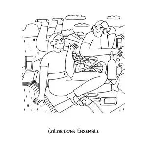 Image à colorier de deux amies qui mangent de la pizza lors d'un pique-nique