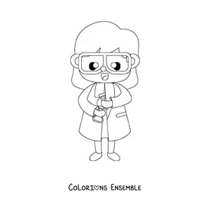 Image à colorier d'une femme scientifique kawaii tenant une éprouvette