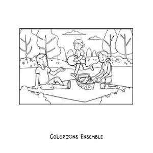 Image à colorier d'une fille et de ses parents lors d'un pique-nique au parc