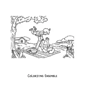 Image à colorier d'un papa qui soulève son fils lors d'un pique-nique en pleine nature