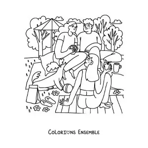 Image à colorier d'un groupe d'amis adolescents lors d'un pique-nique au parc