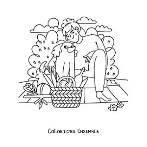 Image à colorier d'une fille avec son chien lors d'un pique-nique au parc