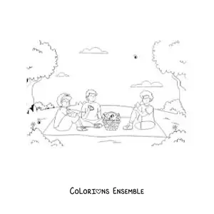 Image à colorier de trois amis lors d'un pique-nique au parc
