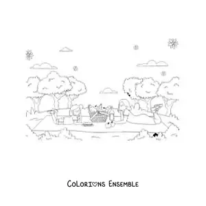 Image à colorier d'une maman et de sa fille allongées lors d'un pique-nique au parc
