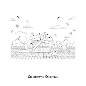 Image à colorier d'un panier rempli de nourriture posé sur une nappe de pique-nique