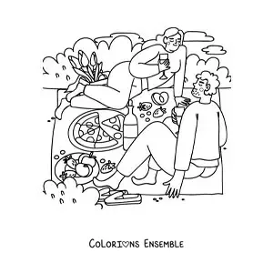 Image à colorier d'un couple qui mange de la pizza lors d'un pique-nique