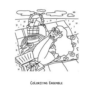 Image à colorier d'une fille qui lit lors d'un pique-nique