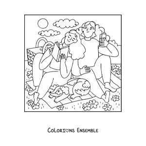 Image à colorier d'un couple qui lit lors d'un pique-nique avec son chien