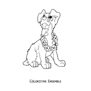 Image à colorier d’un chien assis portant un collier de fleurs