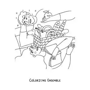 Image à colorier d'un couple d'amoureux qui lit et qui mange lors d'un pique-nique