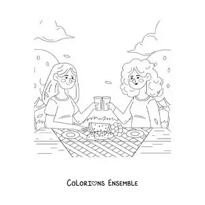 Image à colorier de deux filles qui trinquent à une table lors d'un pique-nique