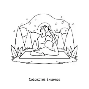 Image à colorier d'une fille qui pratique le yoga en pleine nature