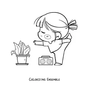 Image à colorier d'une fille kawaii qui fait du yoga en musique