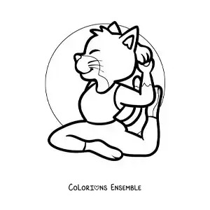 Image à colorier d'un chat dessiné qui pratique le yoga