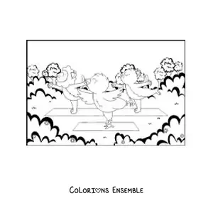 Image à colorier d'animaux dessinés qui pratiquent le yoga
