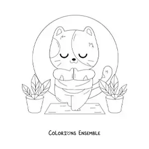 Image à colorier d'un chat dessiné qui pratique le yoga dans la posture de l'arbre