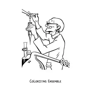 Image à colorier d'un scientifique réalisant une expérience de chimie
