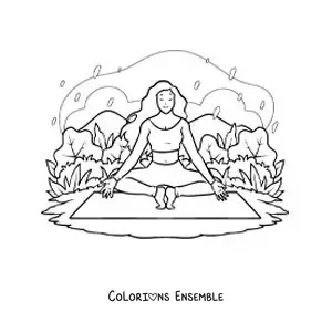 Image à colorier d'une fille qui médite sur un tapis de yoga au parc