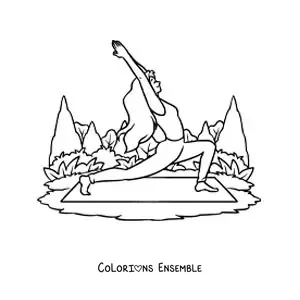 Image à colorier d'une fille qui pratique le yoga sur un tapis au parc