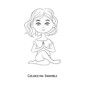 Image à colorier d'une fille dessinée qui fait la posture du nœud en yoga