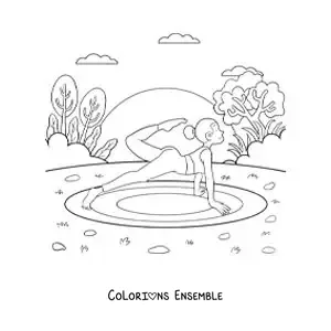 Image à colorier d'une femme qui pratique le yoga au parc