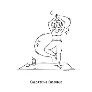 Image à colorier d'une fille qui fait la posture de l'arbre à côté de son téléphone et de sa bouteille d'eau